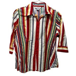 Ninety Woman Red Multi Stripe Button Up Shirt 3/4 Sleeve Plus Size 1X